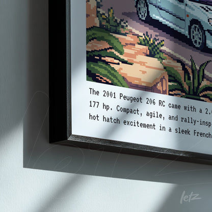 quadro emoldurado com arte pixelada de um carro Peugeot 206 RC em uma paisagem colorida