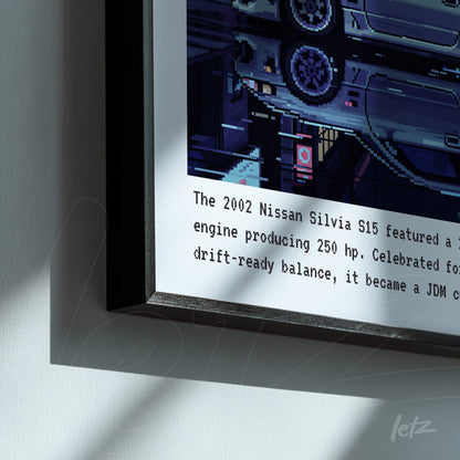 quadro em moldura preta fina com arte digital de um carro Nissan Silvia S15 em um fundo pixelado