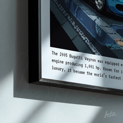 quadro com arte digital de um Bugatti Veyron em moldura preta com texto descritivo