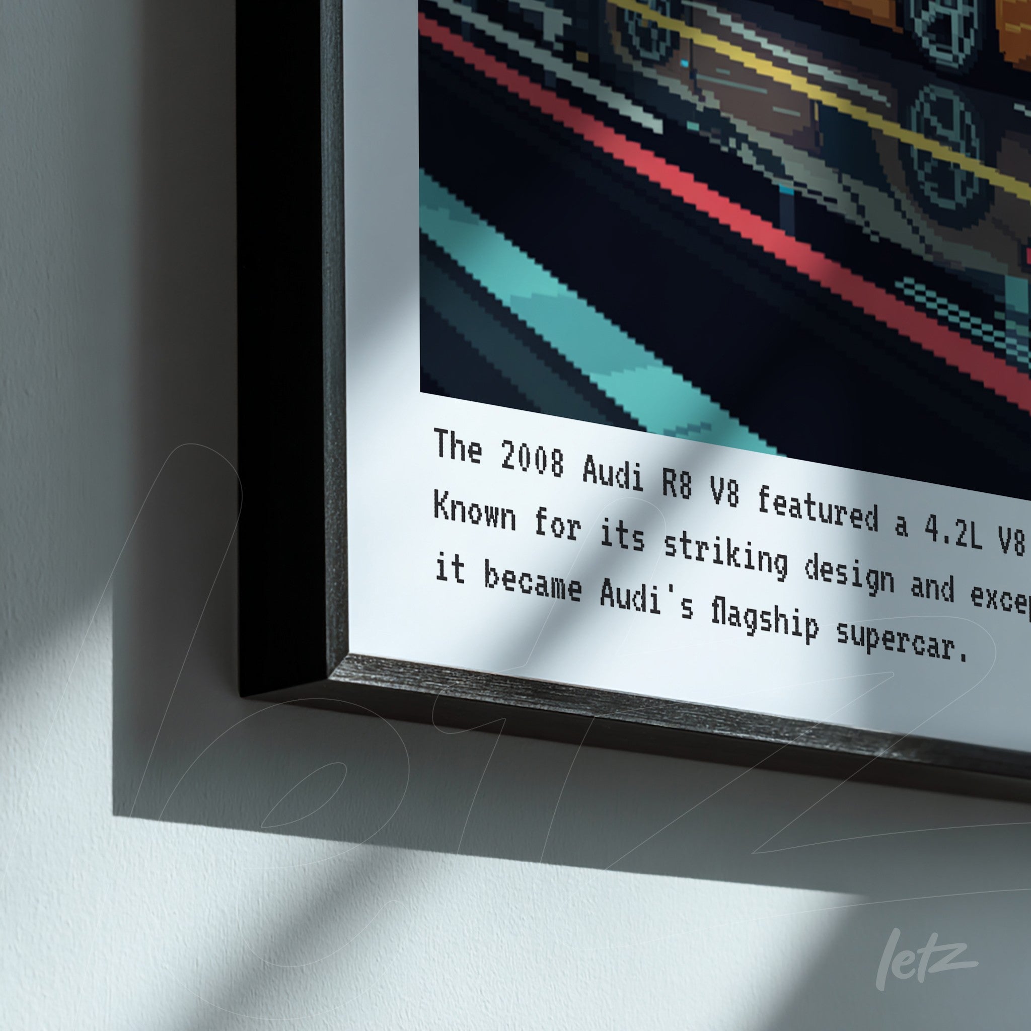 quadro com arte digital de um carro Audi R8 V8, moldura preta, fundo em tons de azul e detalhes coloridos