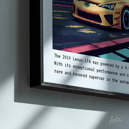 quadro com arte digital de carro esportivo em estilo pixelado, moldura preta com texto informativo abaixo da imagem