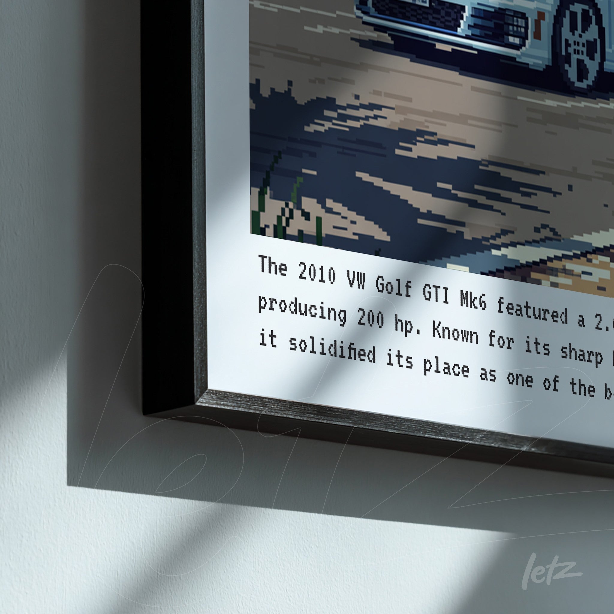 quadro com arte pixelada de um Volkswagen Golf GTI Mk6 em moldura preta