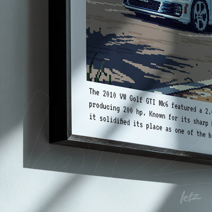 quadro com arte pixelada de um Volkswagen Golf GTI Mk6 em moldura preta