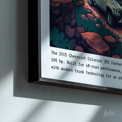 quadro emoldurado com arte pixelada de um caminhão Chevrolet Colorado ZR2 em um cenário montanhoso