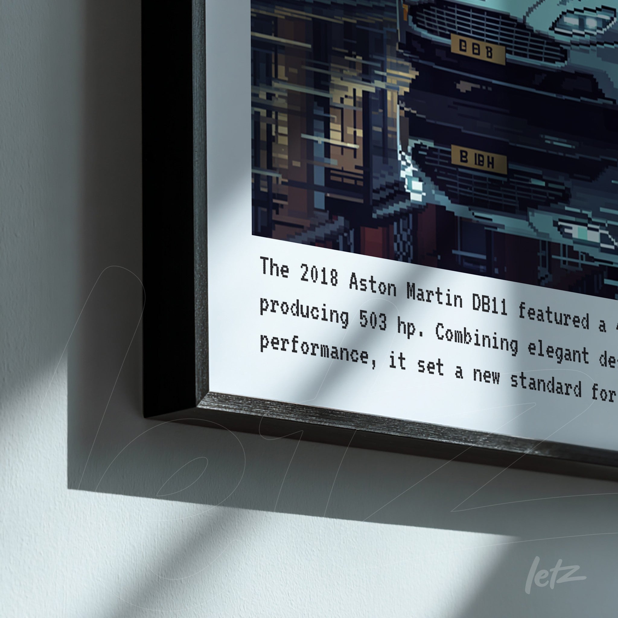 quadro com arte digital apresentando um carro Aston Martin DB11 em moldura preta