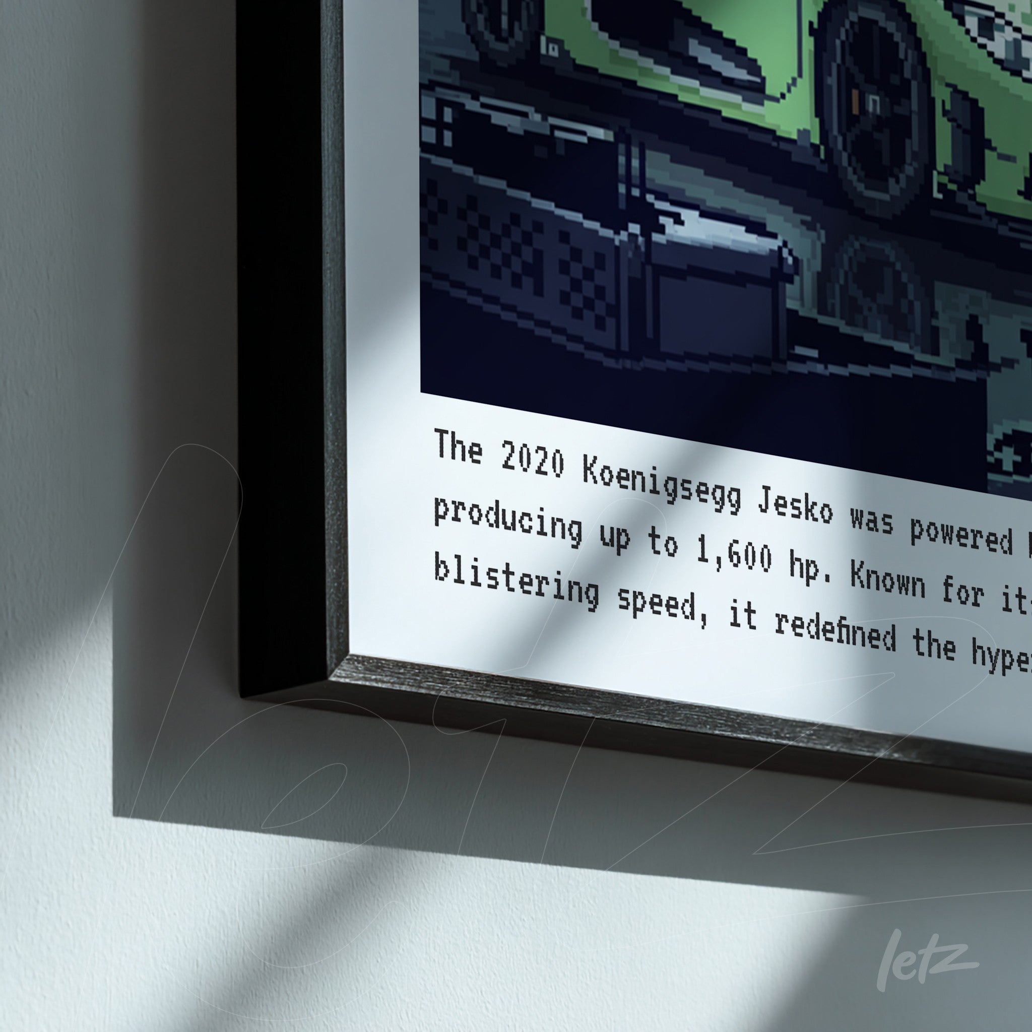 quadro emoldurado com arte digital em estilo pixel art de um carro Koenigsegg Jesko em fundo branco