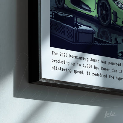 quadro emoldurado com arte digital em estilo pixel art de um carro Koenigsegg Jesko em fundo branco