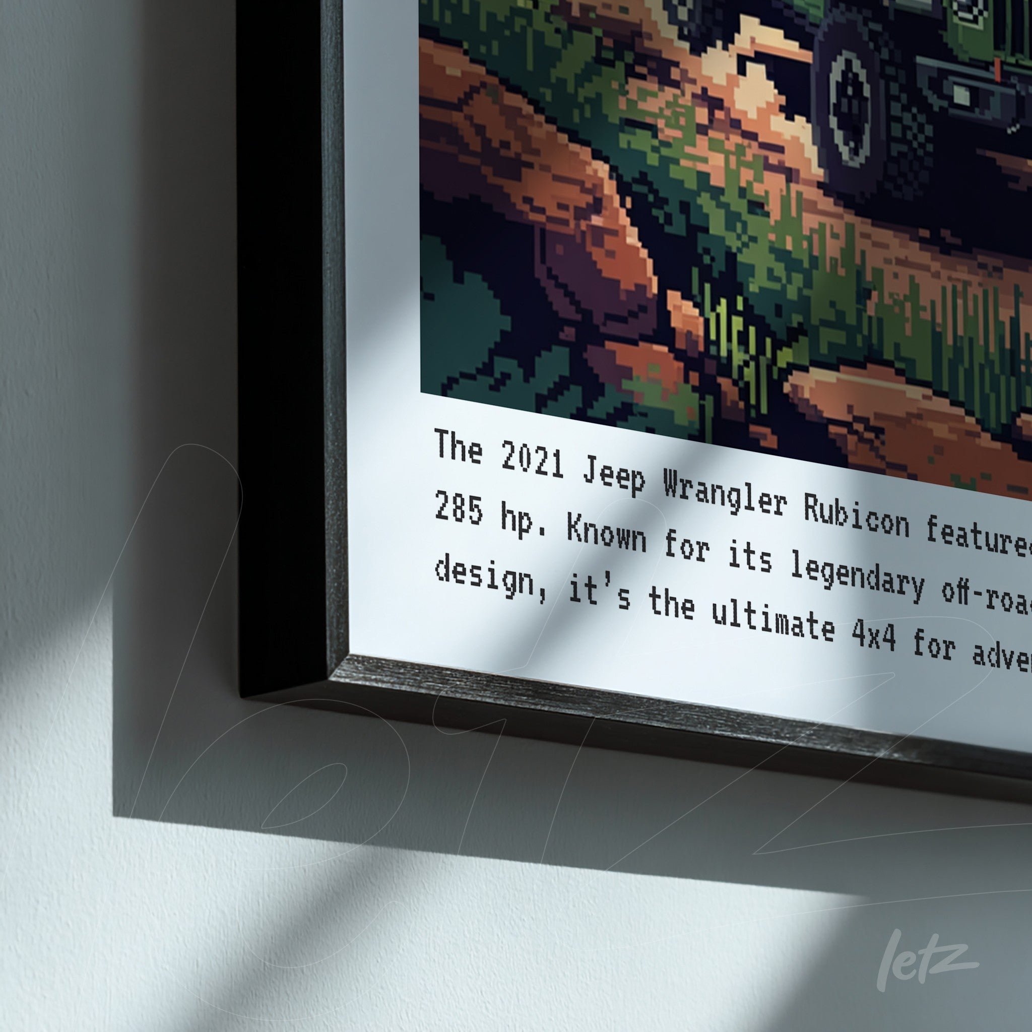 quadro com arte pixelada de um jeep wrangler rubicon em moldura preta, destacando pedras e vegetação ao fundo