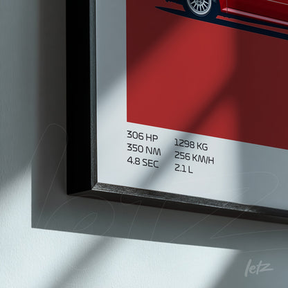 quadro com ilustração estilizada de carro vermelho, detalhando especificações como potência e peso em fundo vermelho vibrante com moldura preta