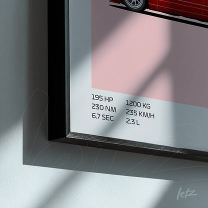 quadro com ilustração de carro esportivo vermelho, detalhes em texto informando potência e características técnicas em fundo rosa