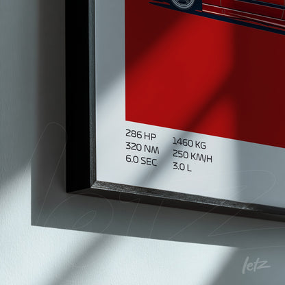 quadro com arte em estilo minimalista de um carro esportivo, detalhes em vermelho vibrante e informações técnicas na parte inferior