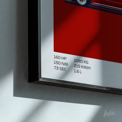 quadro com ilustração de carro esportivo em fundo vermelho e moldura preta, destacando especificações técnicas como 160 HP e 7.3 SEC