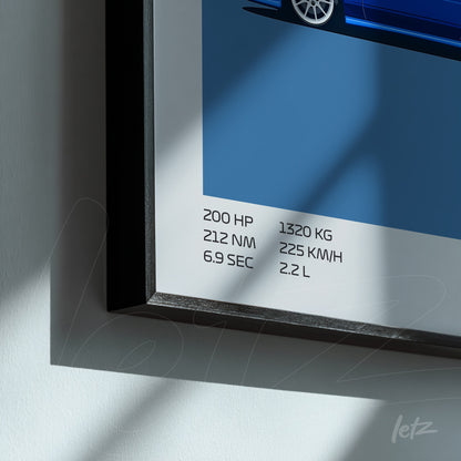 quadro decorativo com ilustração de carro azul em estilo minimalista, detalhes em texto sobre desempenho e especificações na parte inferior