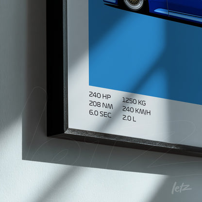 quadro com ilustração digital de carro esportivo azul, detalhes técnicos em fundo azul claro e moldura preta