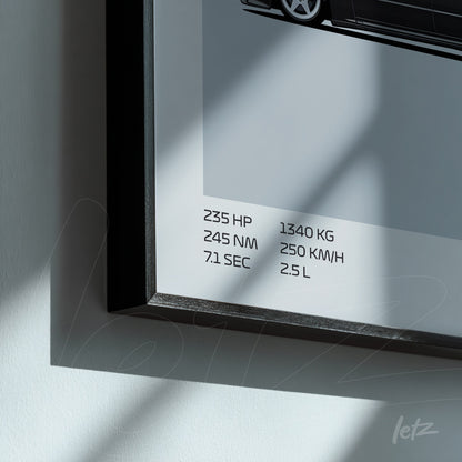 quadro com ilustração de detalhes técnicos de um carro esportivo em moldura preta fina
