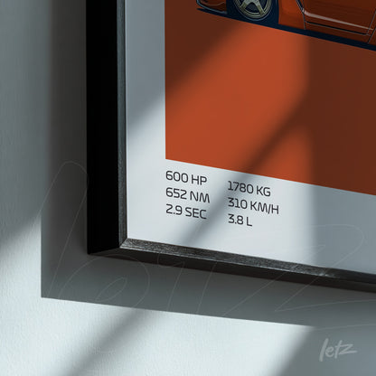 quadro com arte automotiva em fundo laranja e moldura preta, destacando especificações técnicas de um carro