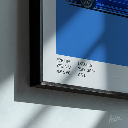 {
  "alt": "quadro com ilustração técnica de um carro em fundo azul, moldura preta"},
  "alt_en": "framed wall art featuring technical illustration of a car on blue background"
}