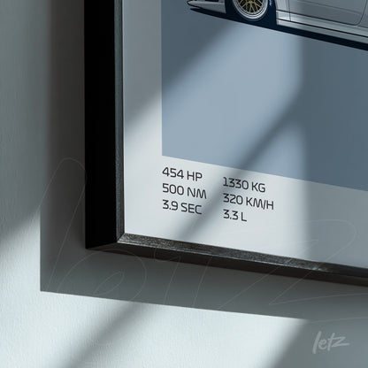 quadro com ilustração minimalista de carro esportivo, moldura fina preta e detalhes técnicos em texto