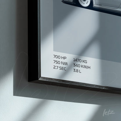 quadro com arte minimalista de um carro esportivo emoldurado com moldura preta, exibindo informações técnicas em texto claro