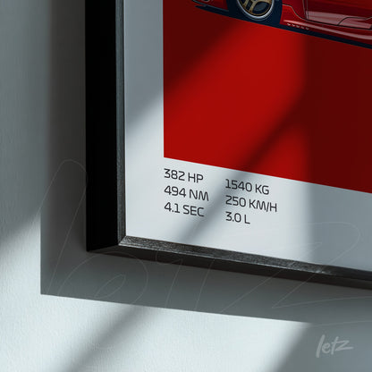 quadro com arte de carro esportivo em fundo vermelho, moldura preta e detalhes técnicos à direita