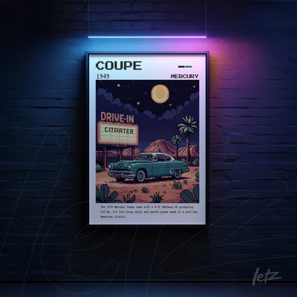 quadro com arte vintage de carro Mercury Coupe de 1949 em moldura preta