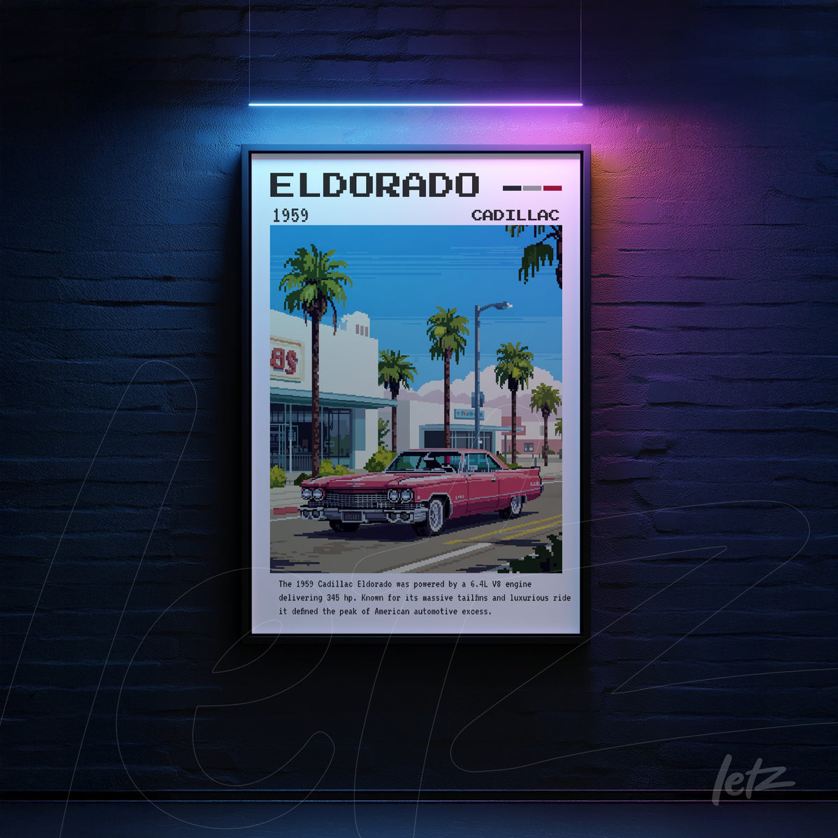 quadro com arte vintage do Cadillac Eldorado de 1959 em moldura preta, com palmeiras ao fundo e estilo retrô