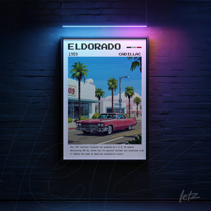 quadro com arte vintage do Cadillac Eldorado de 1959 em moldura preta, com palmeiras ao fundo e estilo retrô