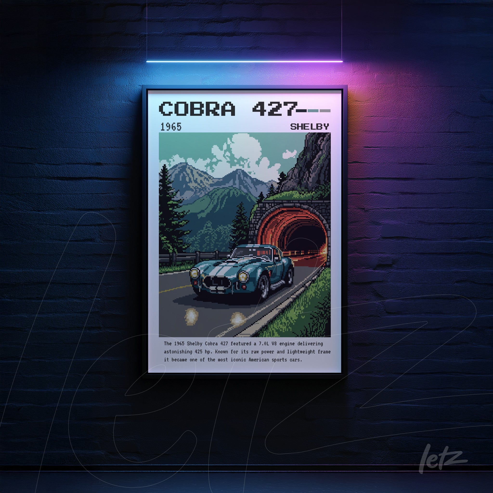 quadro com arte pixelada de carro Shelby Cobra 427 em moldura preta com fundo de montanhas