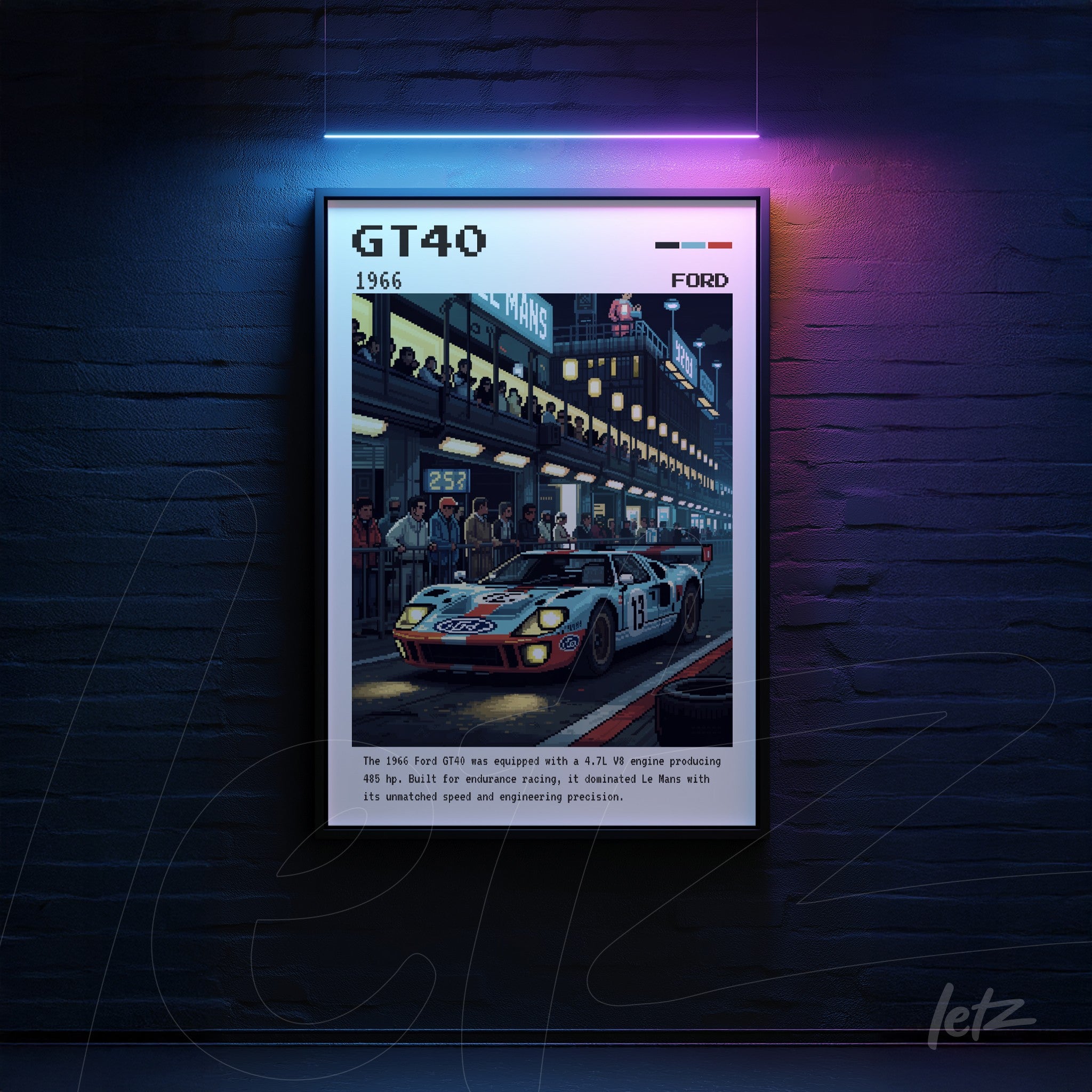 quadro com arte digital do carro Ford GT40 com detalhes históricos, exibido em uma parede escura com iluminação de neon