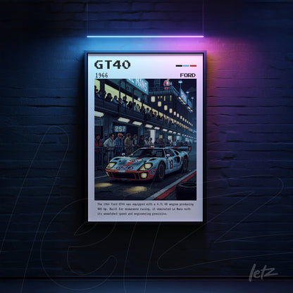 quadro com arte digital do carro Ford GT40 com detalhes históricos, exibido em uma parede escura com iluminação de neon