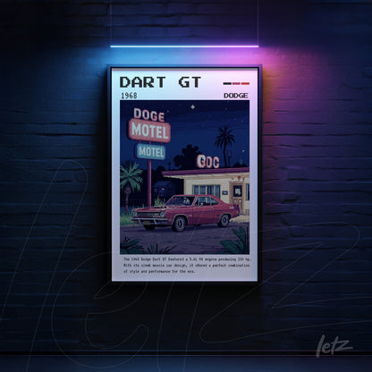 quadro vintage do carro Dart GT de 1968 com moldura escura, apresentando o Dodge Motel iluminado em fundo azul e detalhes em neon