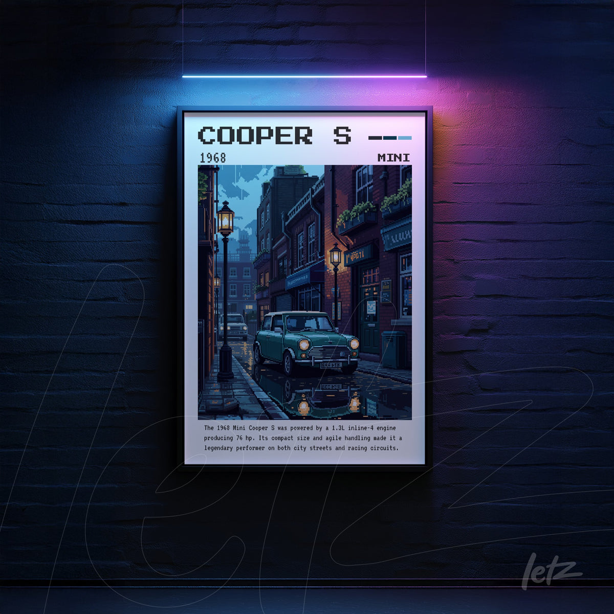 quadro com arte digital retrô de um carro Mini Cooper S em uma rua urbana, moldura preta e iluminação neon