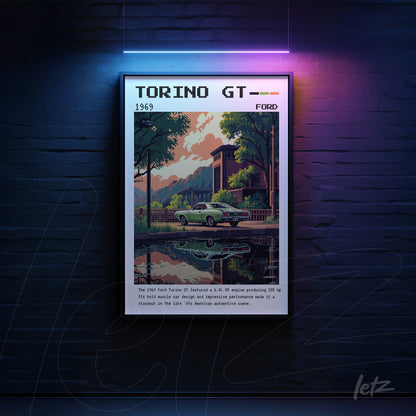 quadro com arte retrô do Ford Torino GT de 1969 em moldura preta, mostrando o carro em uma paisagem urbana com montanhas ao fundo