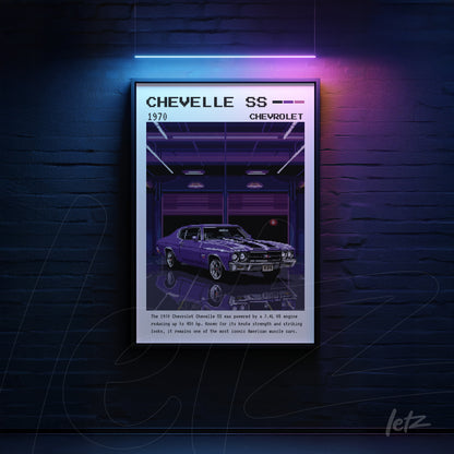 quadro com arte vintage do carro Chevrolet Chevelle SS 1970 em moldura preta fina
