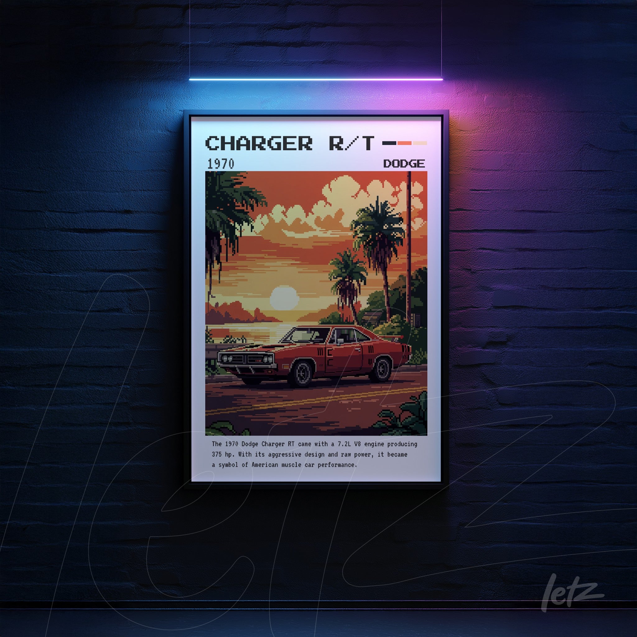 quadro com arte digital retrô do carro Dodge Charger R/T 1970 emoldurado com detalhes de palmeiras e pôr do sol