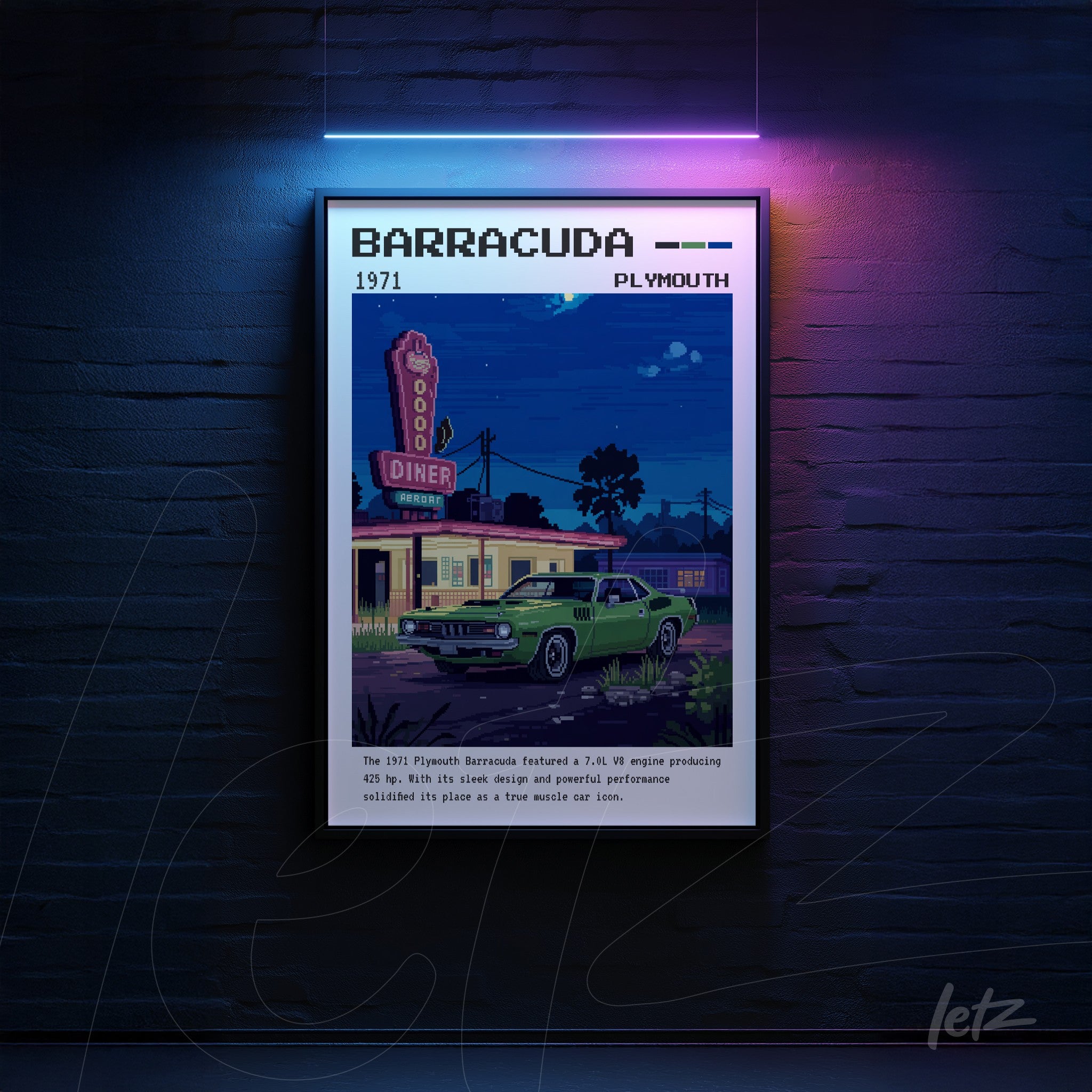 quadro com arte digital retrô de um carro Plymouth Barracuda de 1971 em ambiente de diner