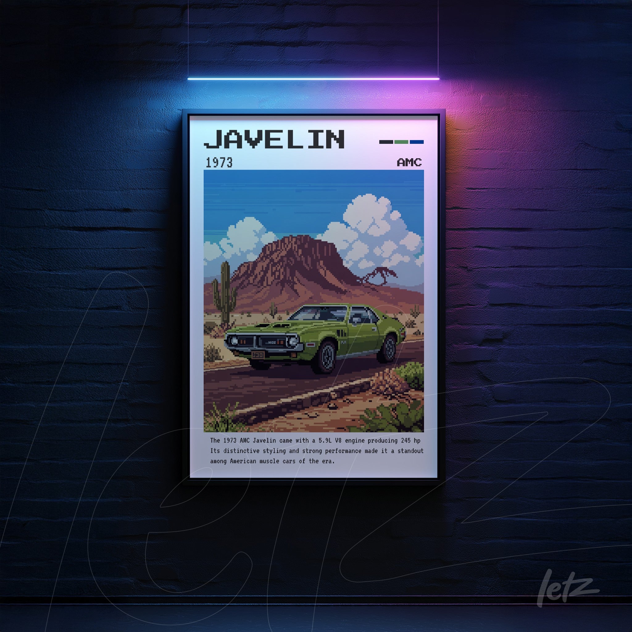 quadro com arte digital do carro AMC Javelin em estilo pixelado, com fundo de deserto e montanhas ao fundo