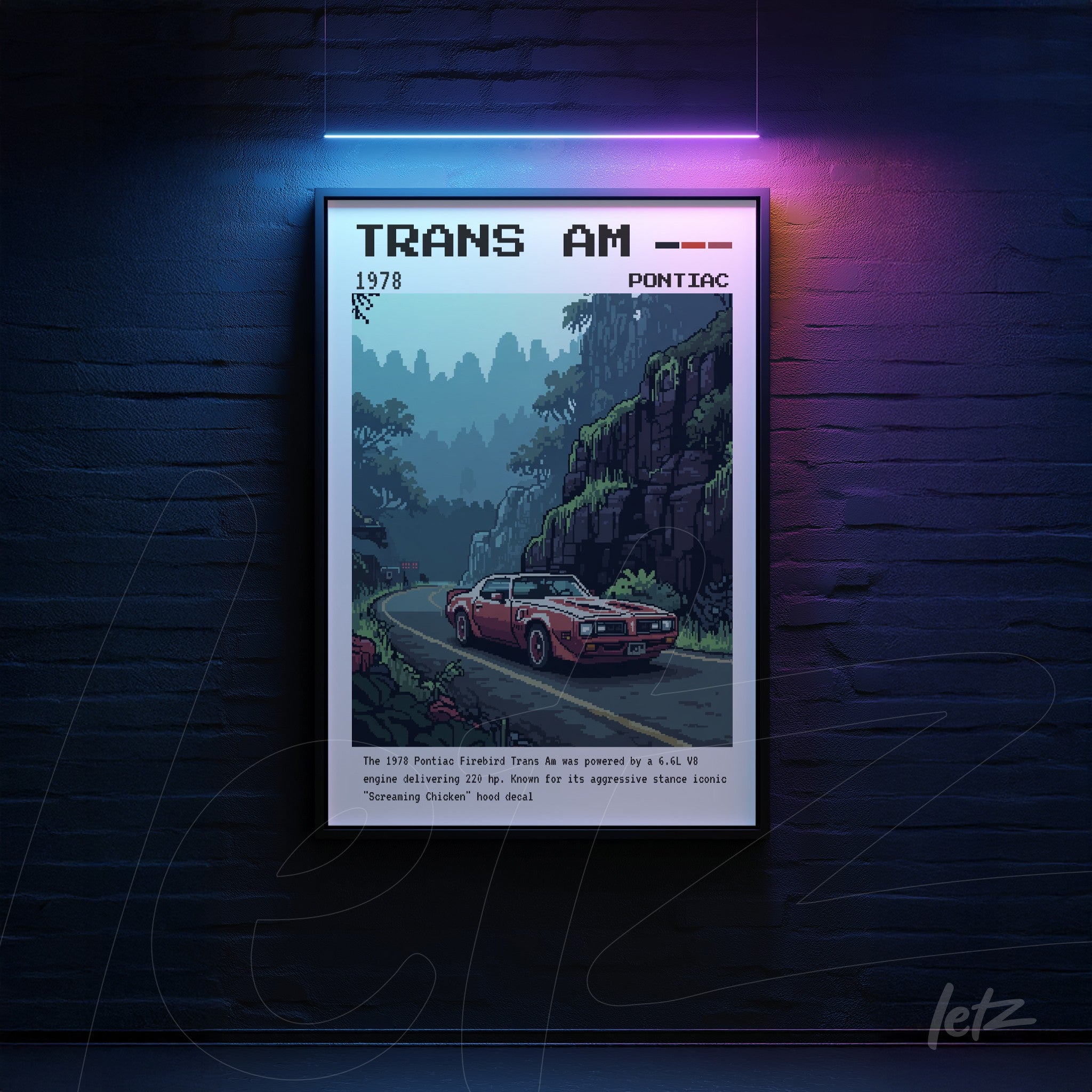 quadro com arte pixelada do carro Trans Am 1978 em moldura preta, com fundo de paisagem montanhosa
