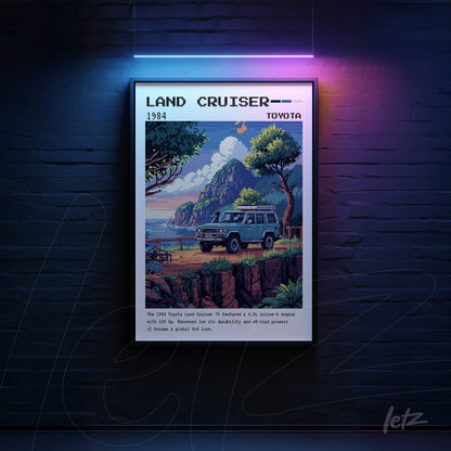 quadro com arte digital do Toyota Land Cruiser 1984 em moldura preta, fundo de paisagem natural e detalhes de pixel art