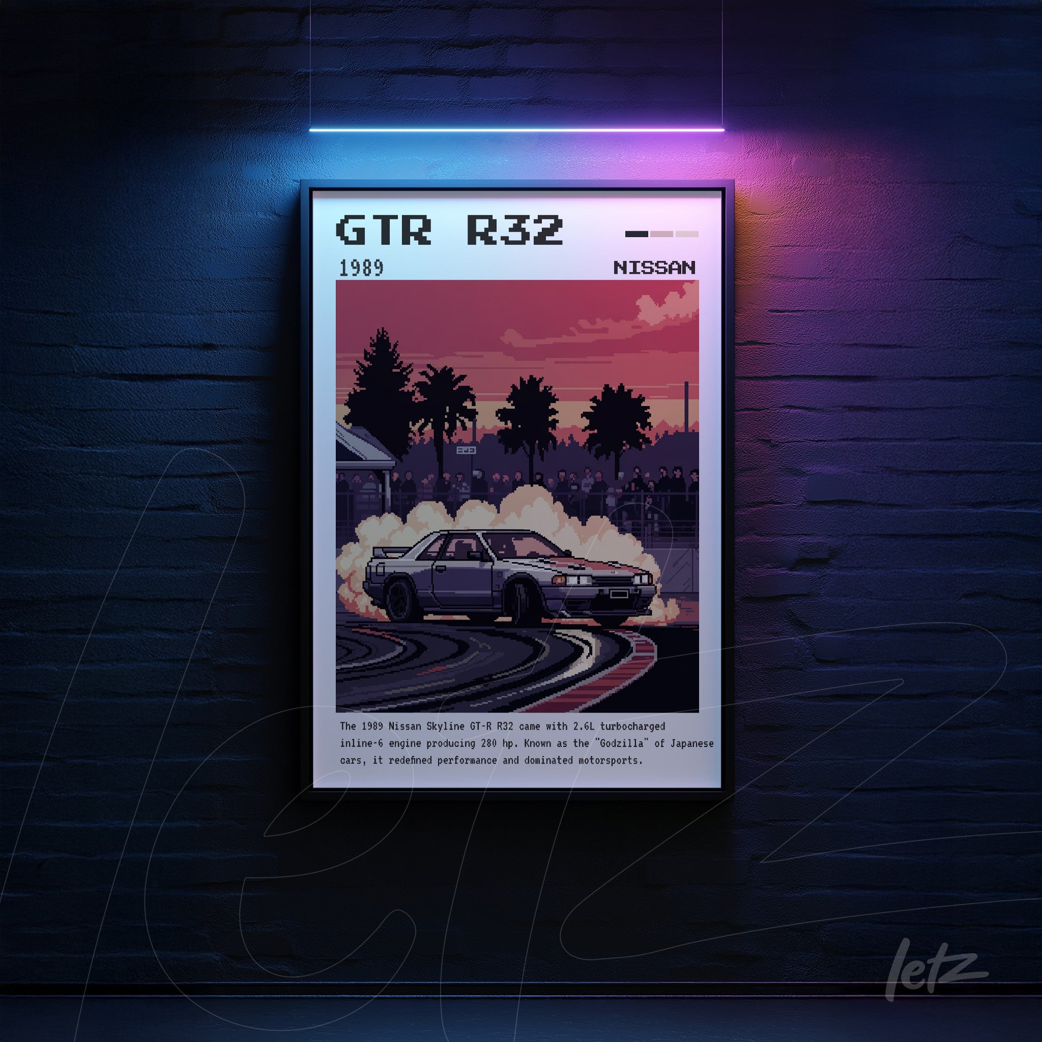 quadro com arte digital do carro Nissan Skyline GTR R32 em estilo retrô com moldura preta