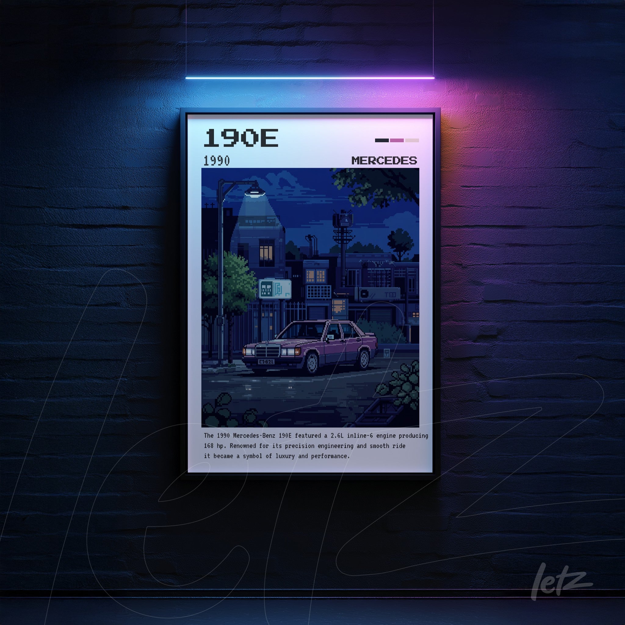 quadro em estilo retrô com o carro Mercedes 190E em ambiente urbano noturno, moldura preta