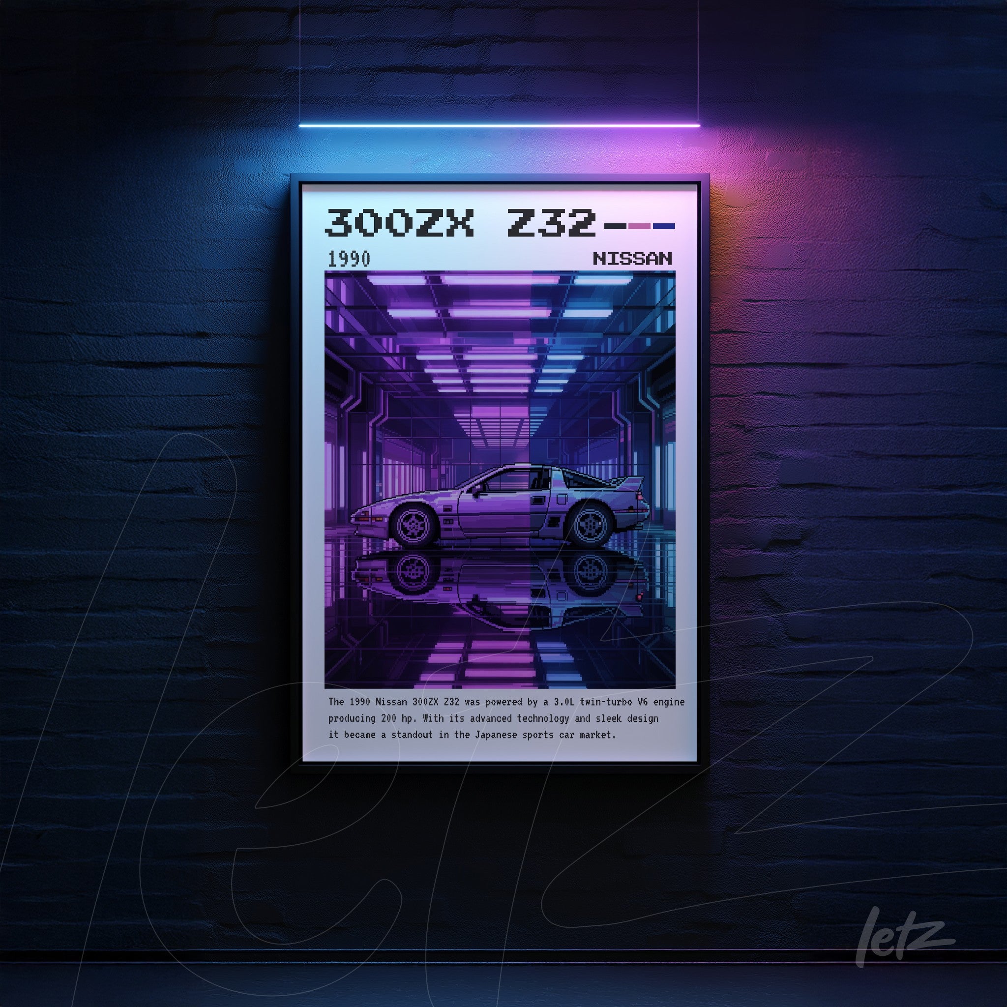quadro com arte digital do Nissan 300ZX Z32 em estilo retrô futurista, destacando detalhes em neon e reflexos em fundo escuro