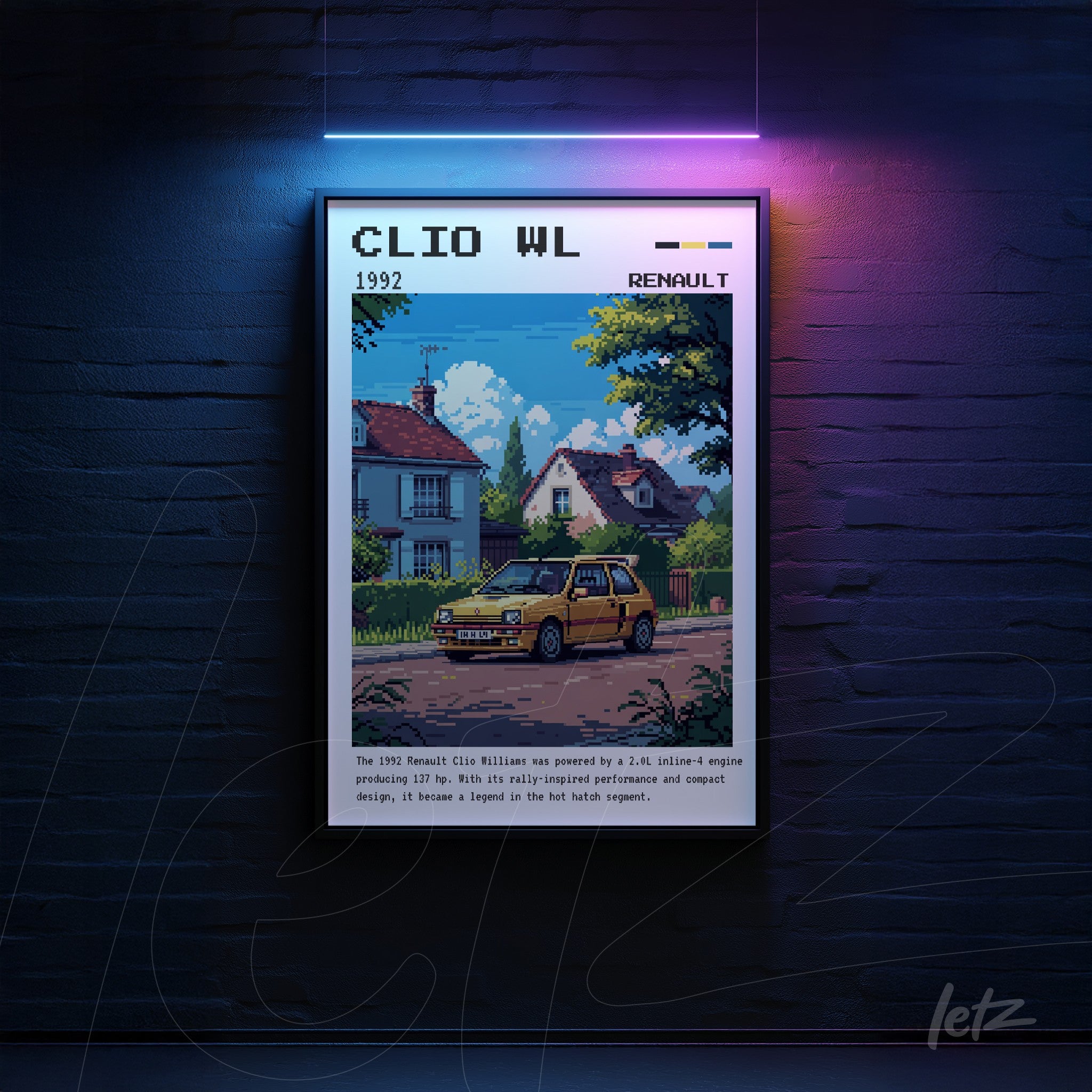 quadro com arte digital de um carro Renault Clio WL de 1992 em um cenário urbano com casas ao fundo, moldura preta e luzes neon ao redor
