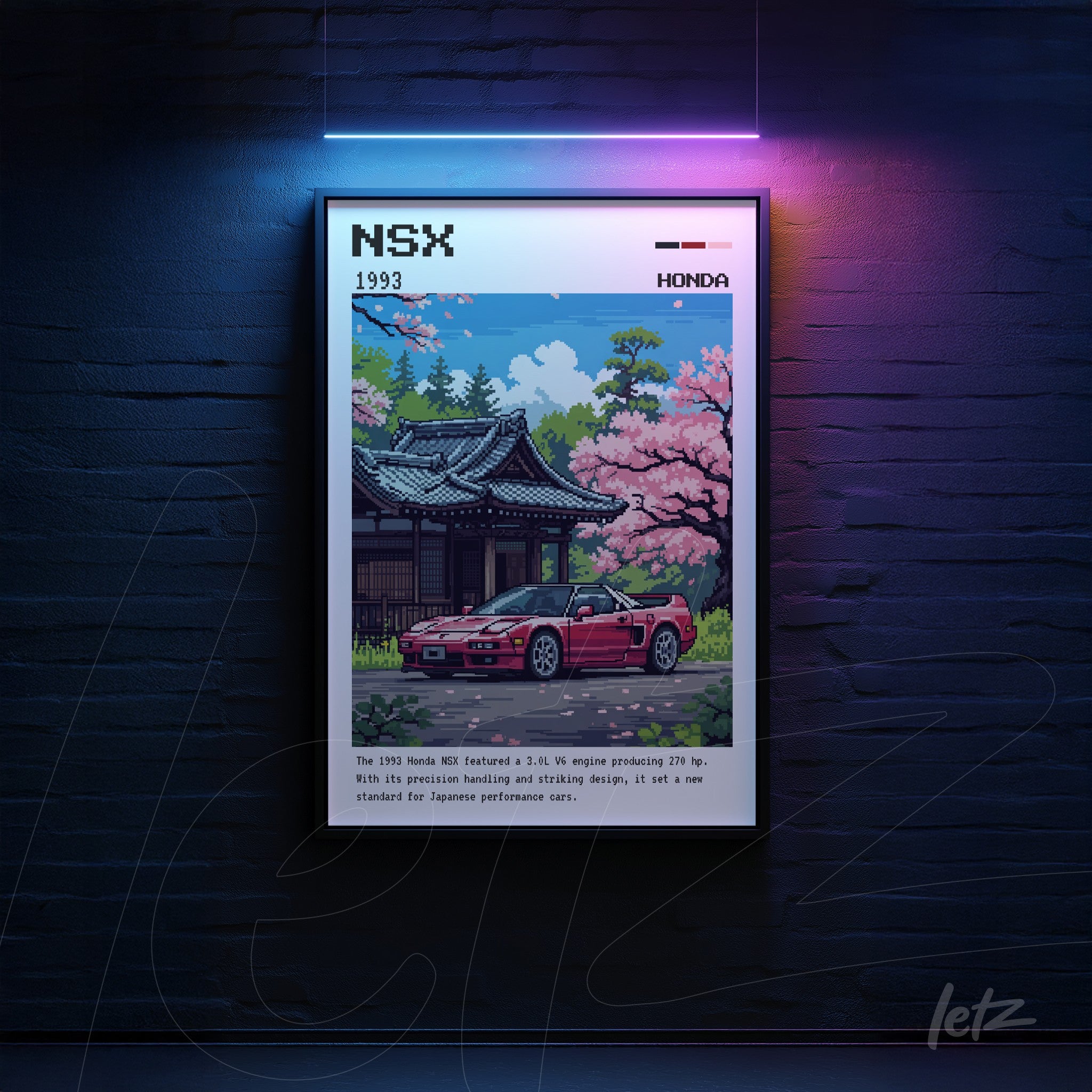 quadro com arte digital estilo pixel art do carro Honda NSX de 1993 emoldurado com moldura preta, apresentando um cenário japonês com flores de cerejeira em um templo