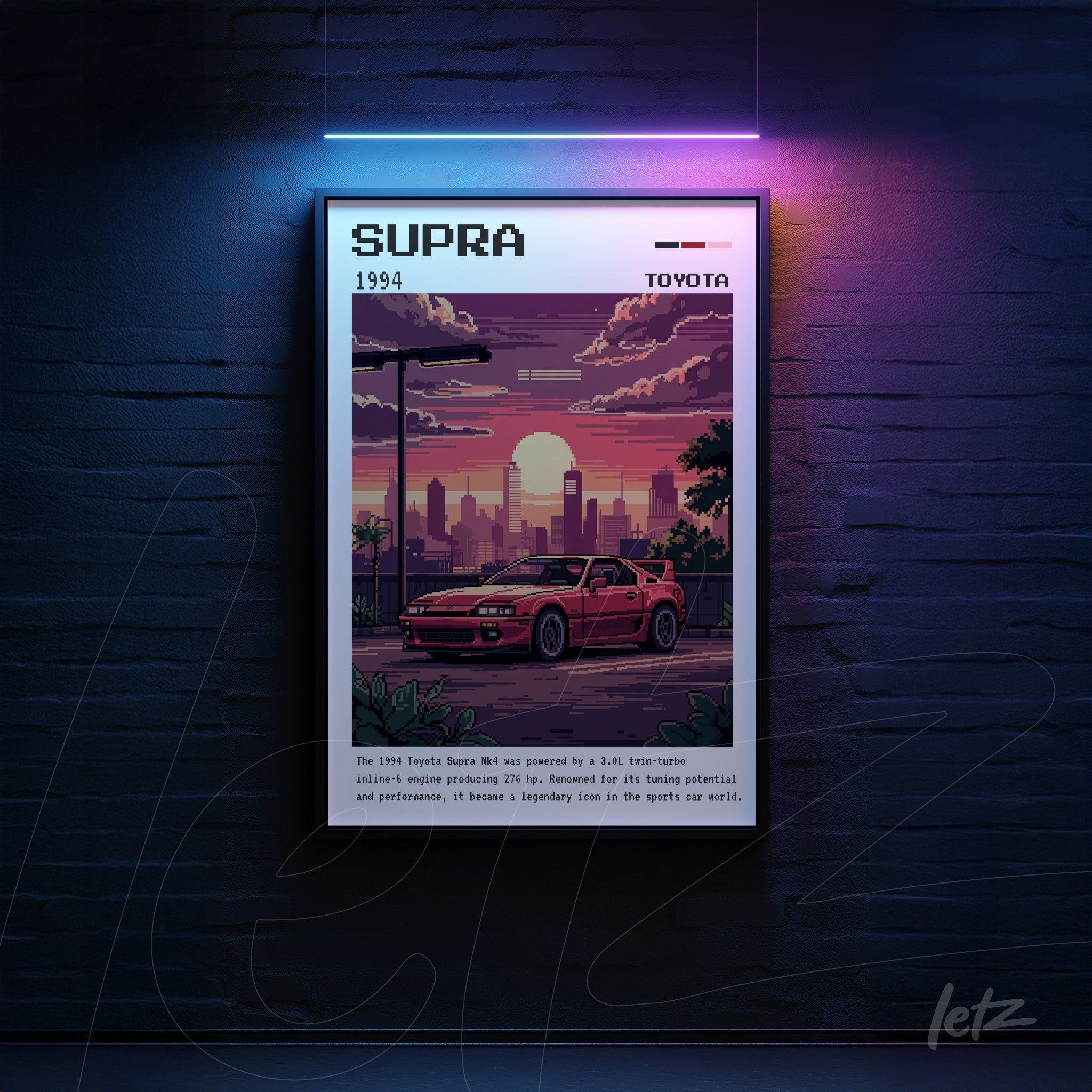 quadro com arte retrô do carro Toyota Supra de 1994 em moldura preta, com fundo urbano e pôr do sol