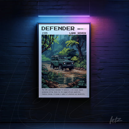 quadro com arte digital pixelada do carro Land Rover Defender 1995 em moldura escura, com fundo de vegetação exuberante