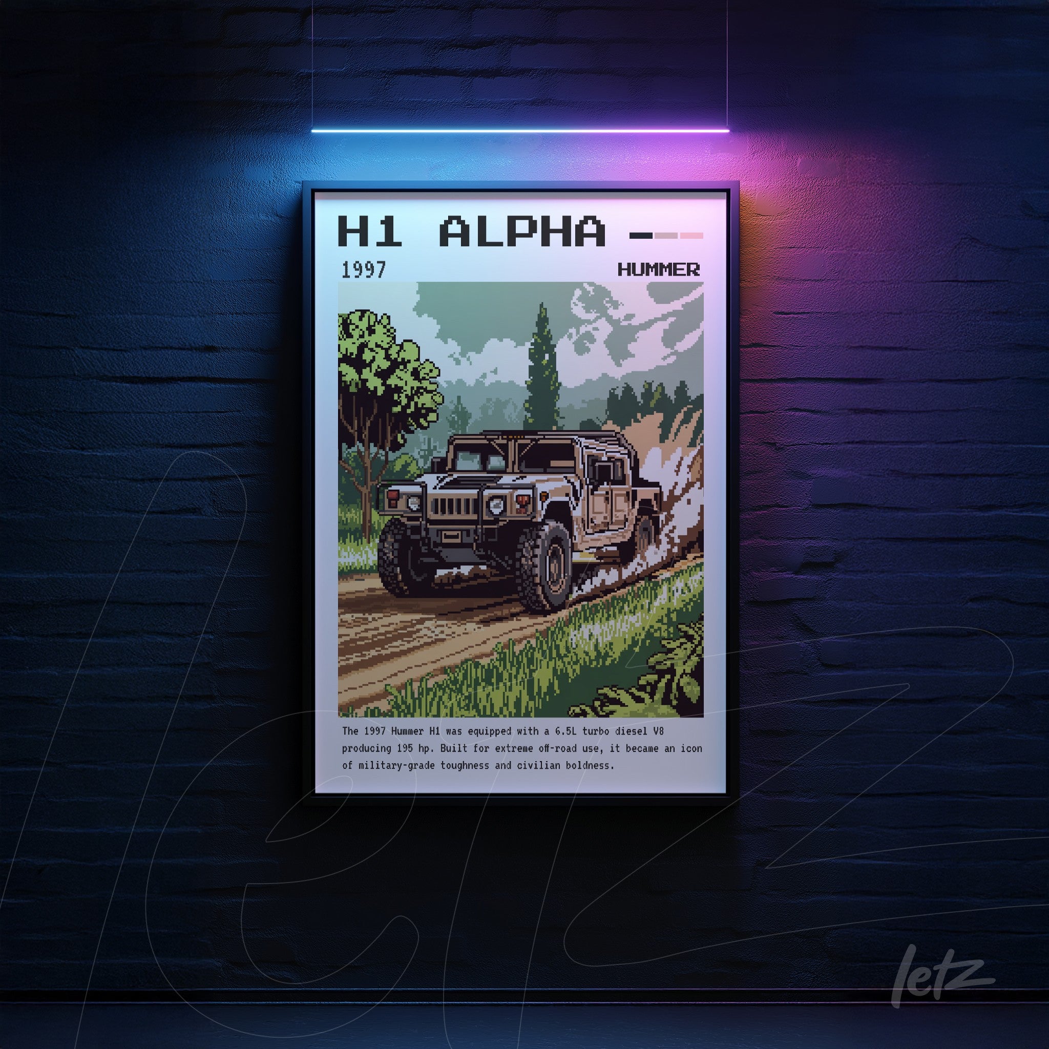 quadro com arte digital em pixels do Hummer H1 Alpha em uma trilha, com moldura preta e fundo azul escuro