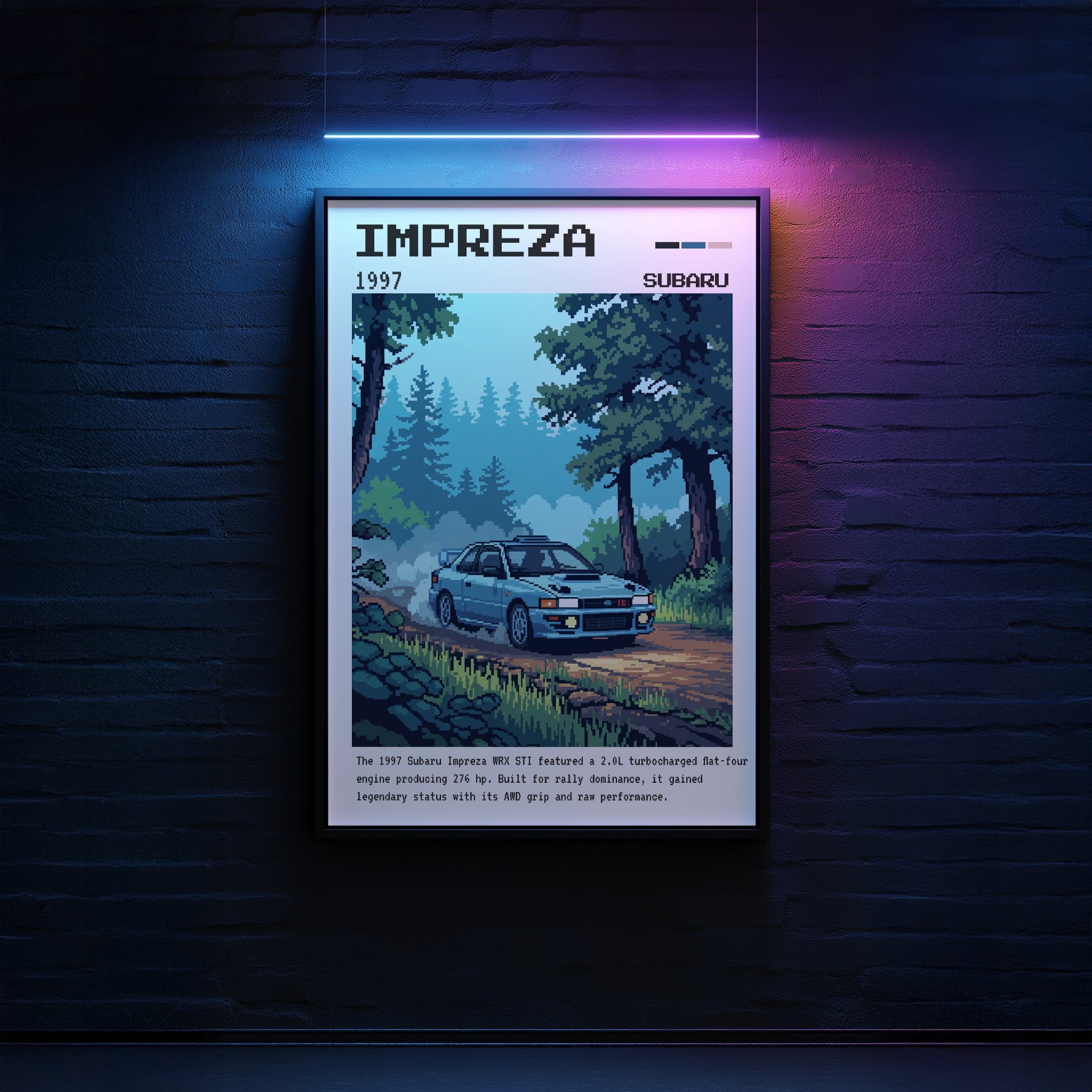 quadro com arte pixelada do Subaru Impreza 1997 em moldura preta suspensa sobre parede de tijolos