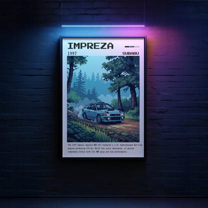 quadro com arte pixelada do Subaru Impreza 1997 em moldura preta suspensa sobre parede de tijolos