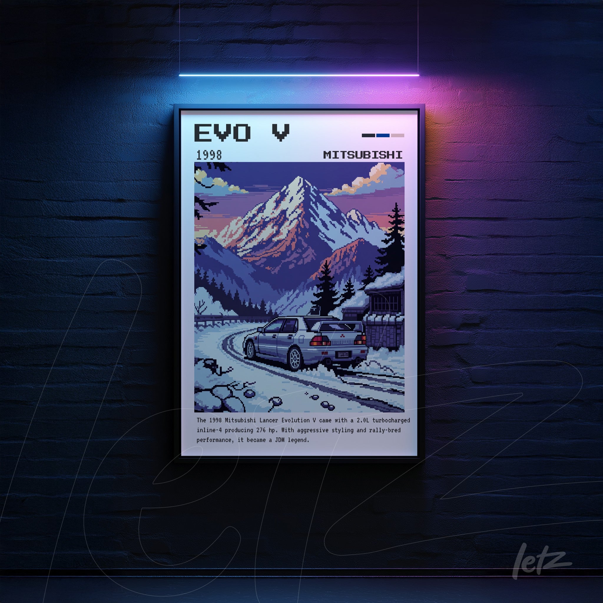 quadro com arte digital em estilo retrô do Mitsubishi Evo V 1998, mostrando um carro esportivo em uma paisagem montanhosa ao fundo